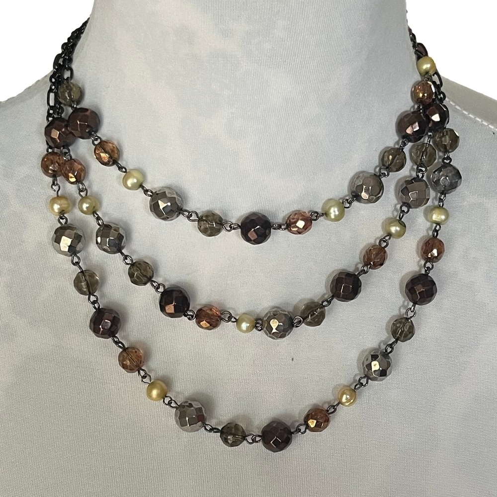Multi-Strand Beaded Necklace – Brown, Gold & Pearl Tones